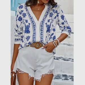 Blue and White Floral Embroidered Blouse